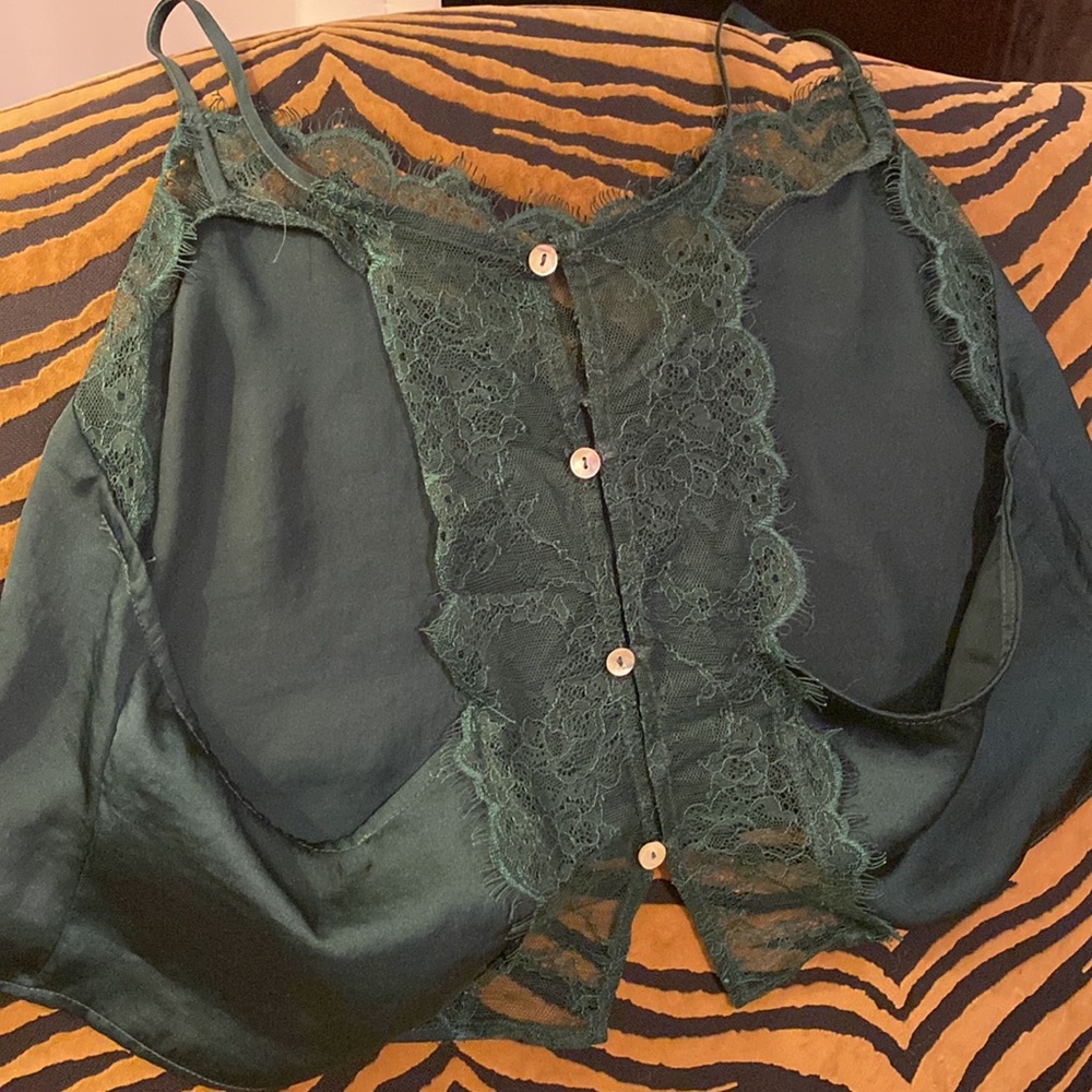 Free People Emerald green satin and lace cami
